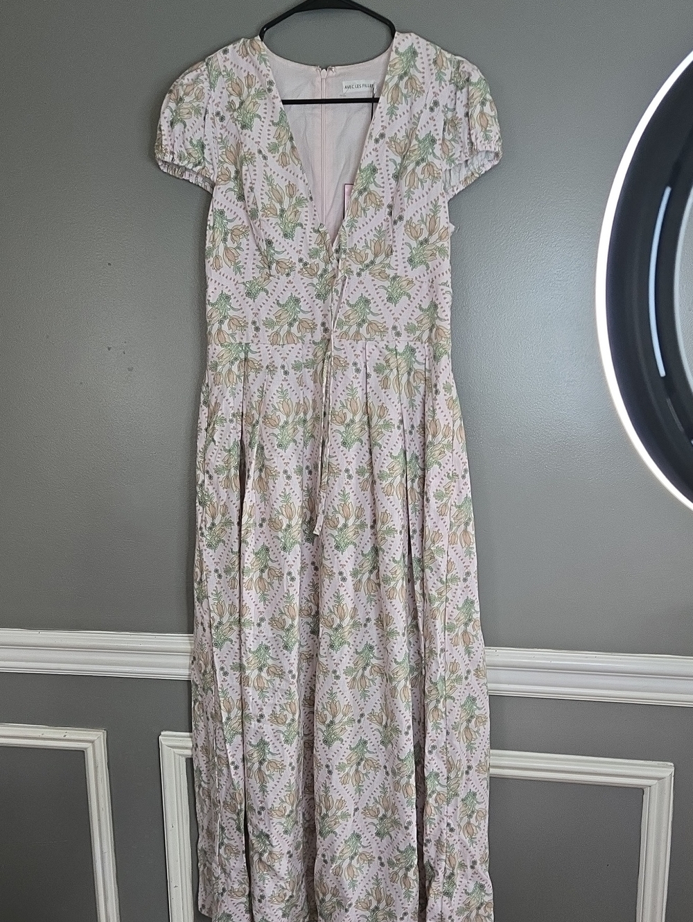 Avec Les Filles Pale Pink Floral Maxi Dress with Green and Beige Print